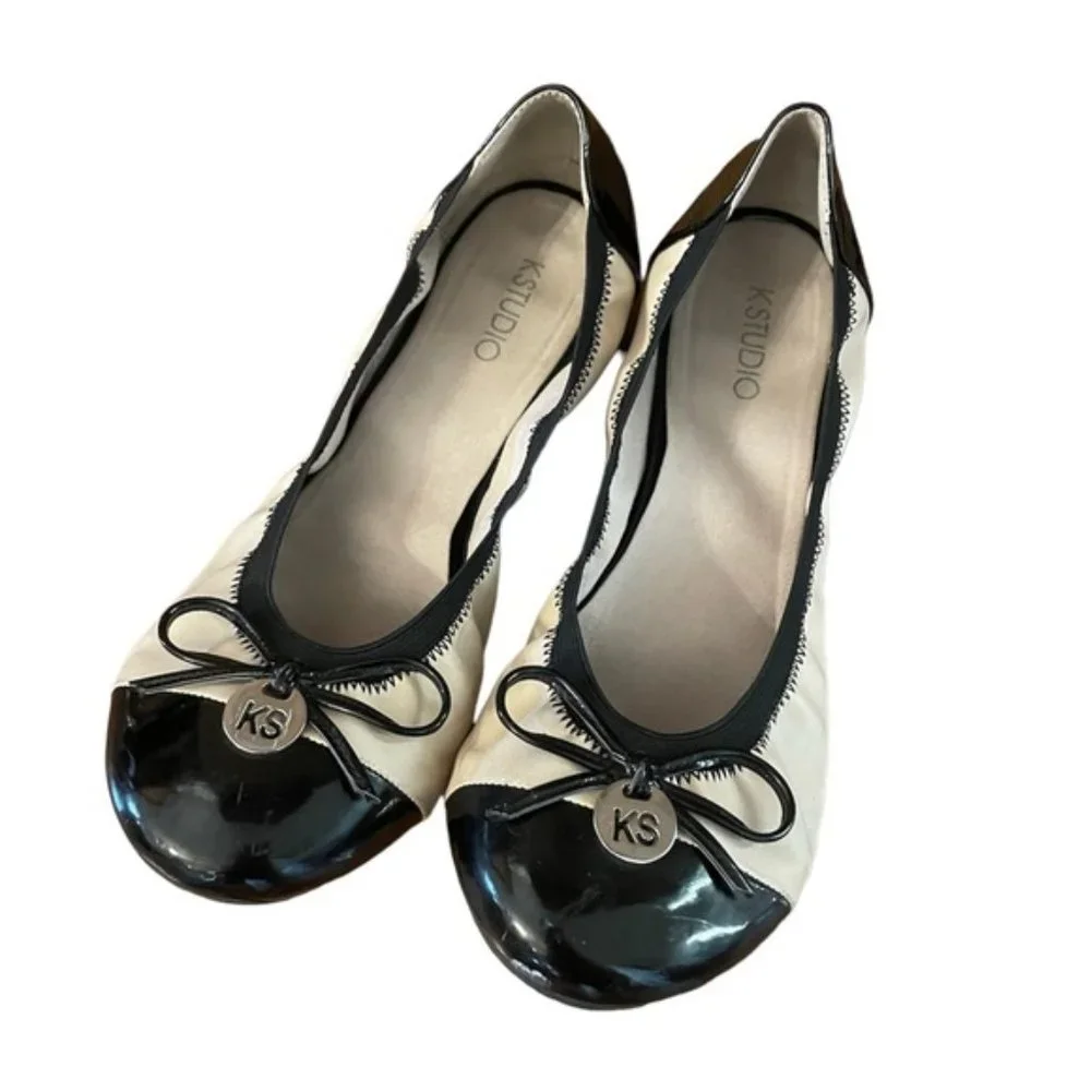 Cap Toe Black Patent Ballerina Flats Slip On Shoes with Bow and KS Charm